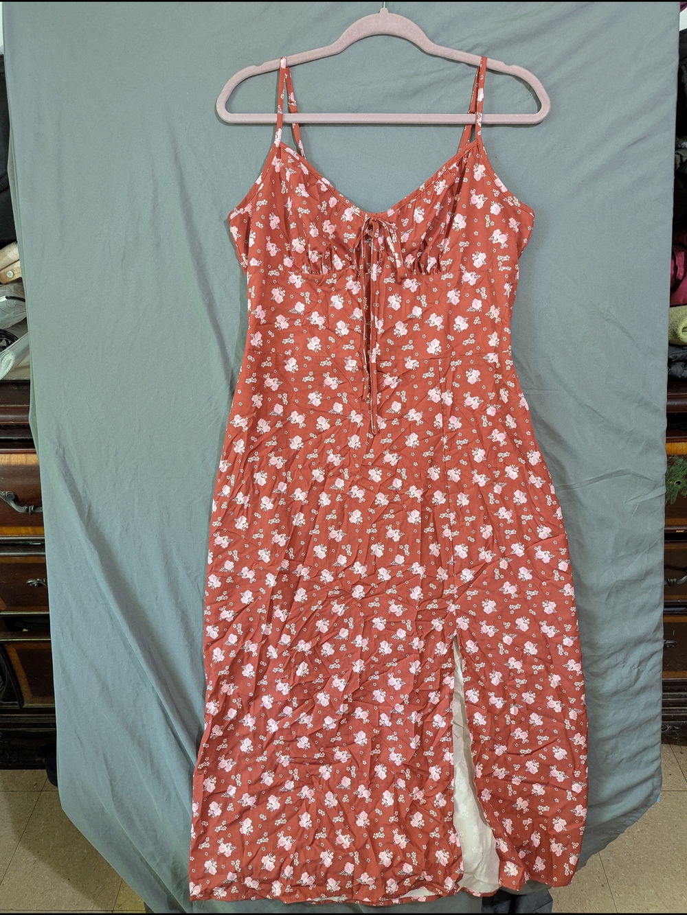 Rust Floral Tie-Front Midi Dress Cottagecore Milk Maid Style